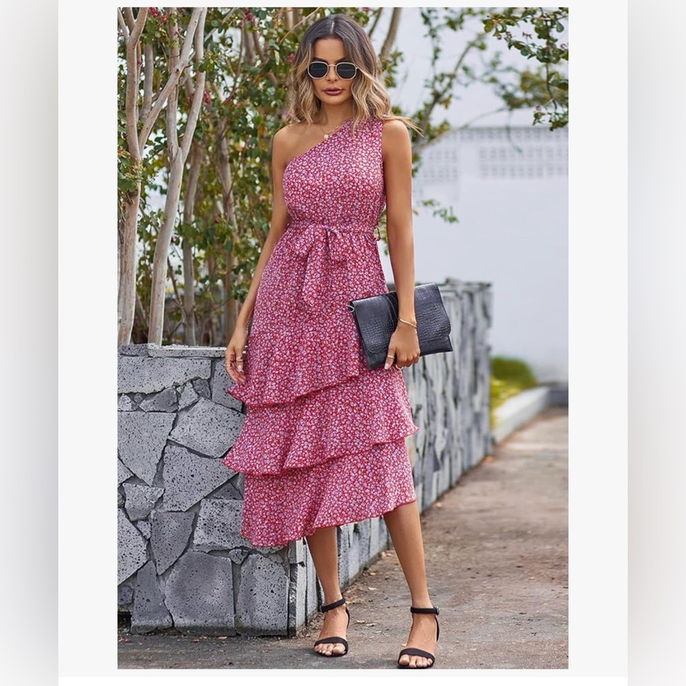 PRETTYGARDEN Floral One Shoulder Red Tiered Midi Dress